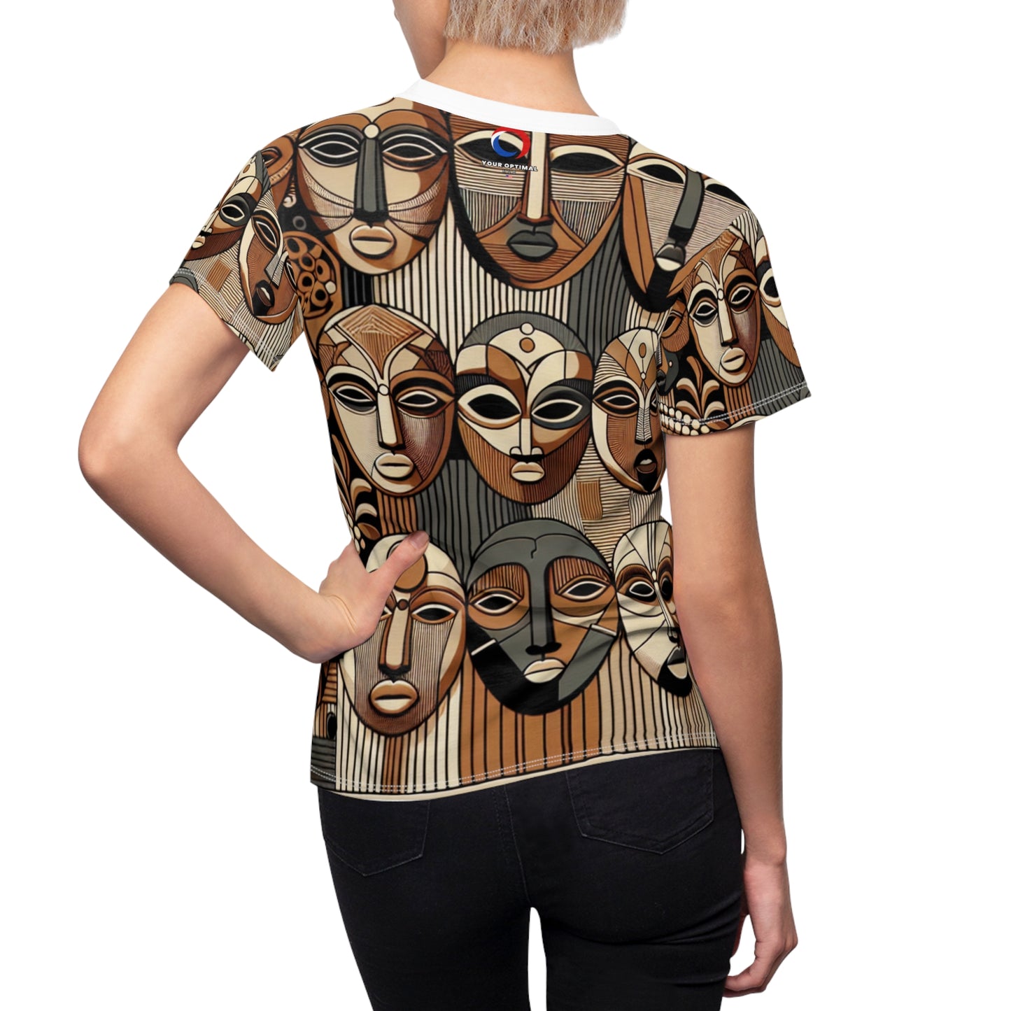 African Legacy: Elegant Women's Tee featuring a Modern Interpretation of Traditional African Masks - African Tribal Pattern-Inspired