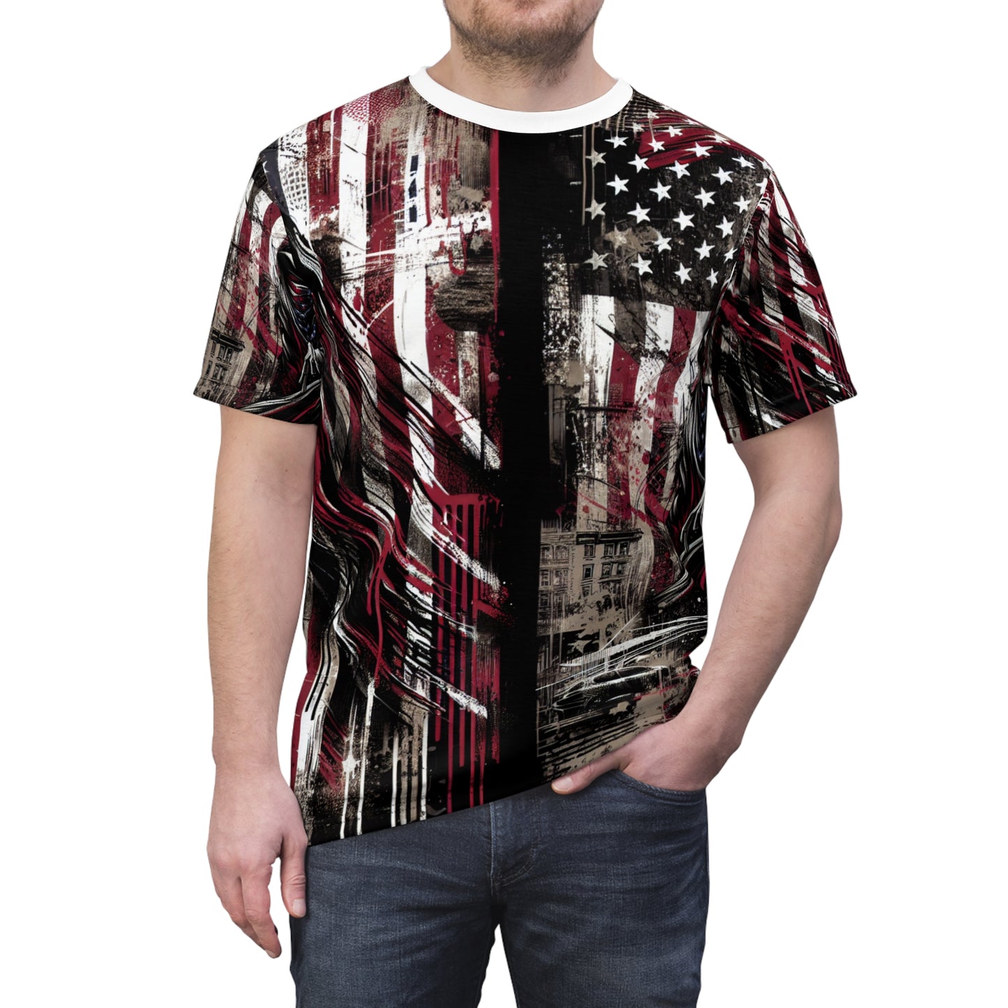 Urban Rebellion: Raw & Resilient American Flag Graffiti Grunge Streetwear T-Shirt - Patriotic Streetwear Tee