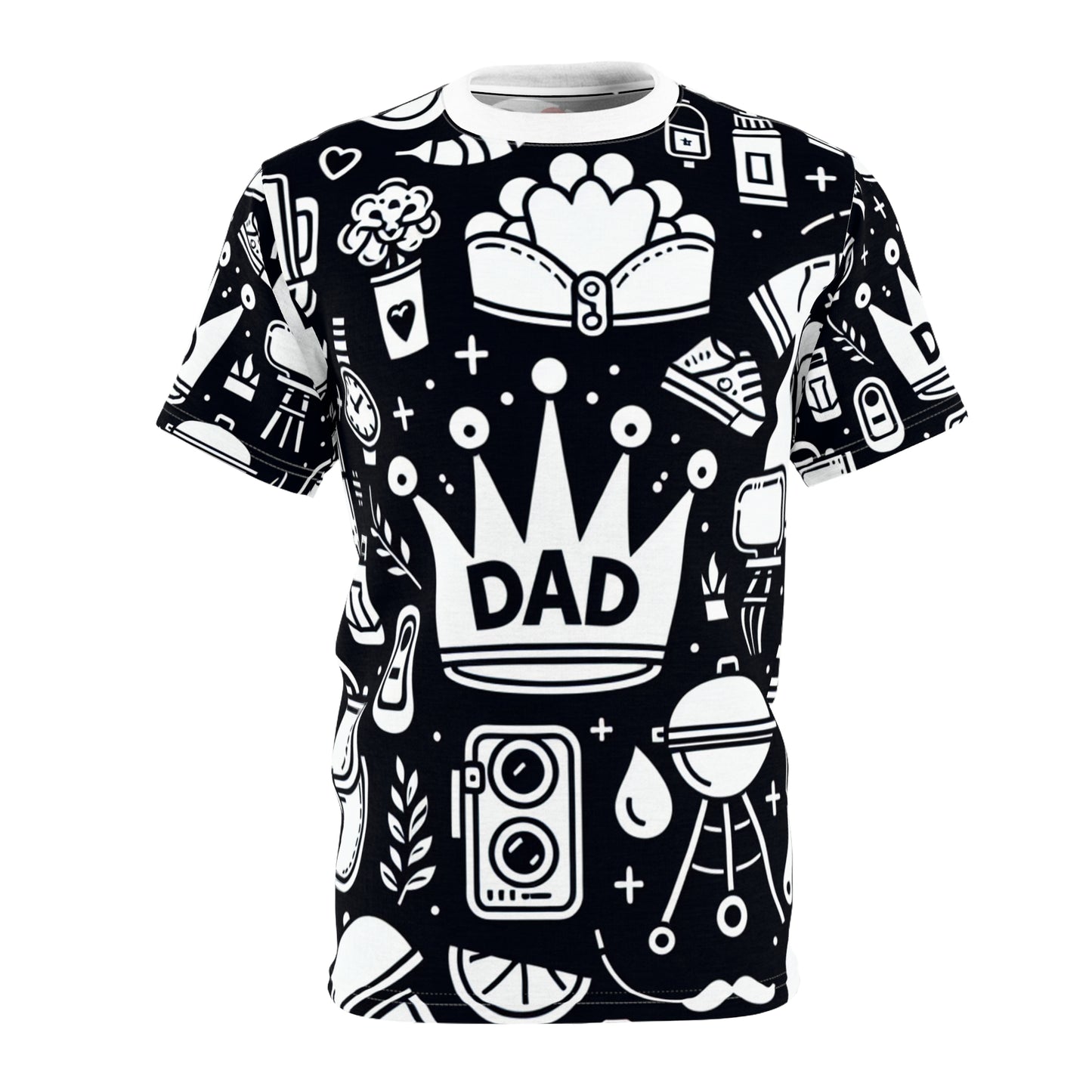 King of the Family Dad T-Shirt - Monochrome Line Art with Crown, Camera, BBQ Grill-master - Father's Day Minimalist Tee