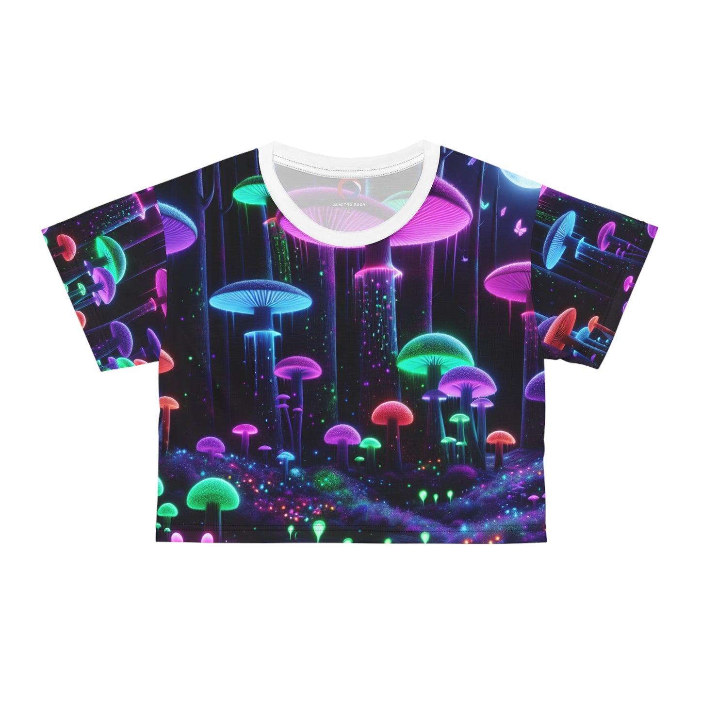 Mystical Moonlit Forest Glow: Blacklight-Ready Crop Tee with Neon Mushrooms, UV-Fluorescent Flora - Women's Blacklight Tee