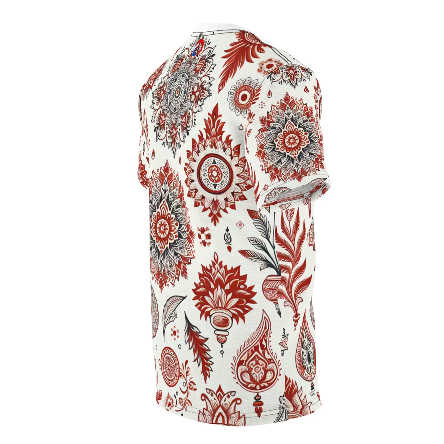 Traditional Indian Motif T-Shirt - Scattered Floral and Geometric Shapes in Primary Red on White - Rich Design Heritage Motifs Tee