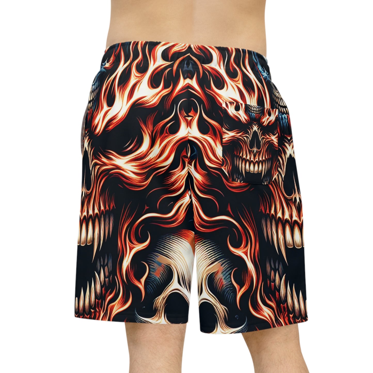 Inferno Patriot: Fiery Skulls on American Flag Motif Shorts - Patriotic Streetwear Shorts