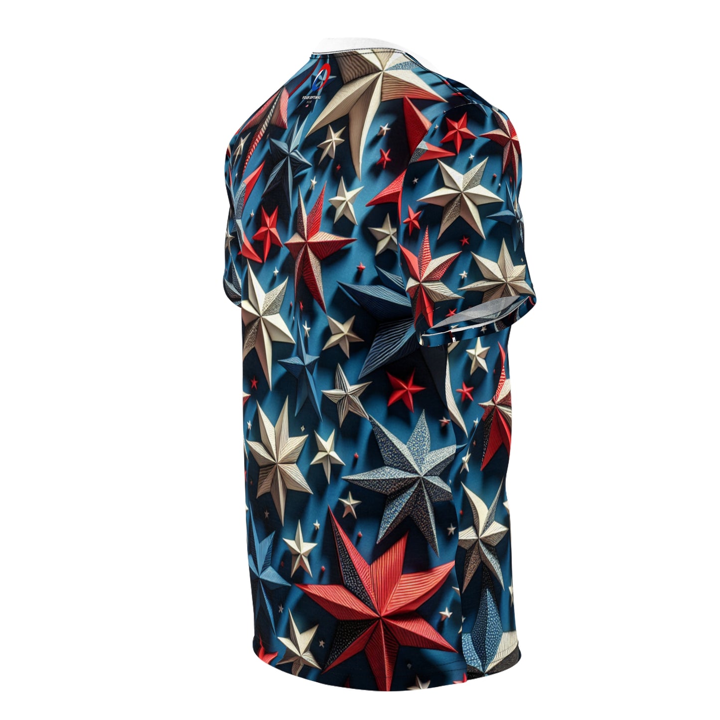 3D Patriotic Starburst T-Shirt - Vibrant Red, White & Blue Star Design on Deep Blue Background - Patriotic Streetwear Tee