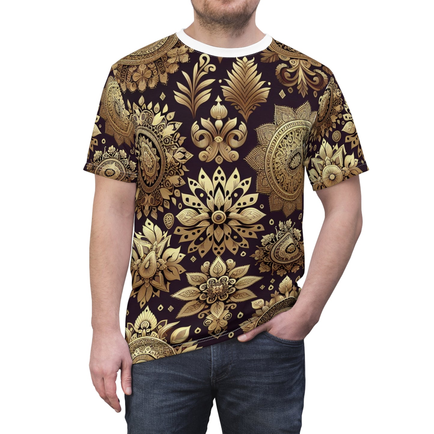 Traditional Indian Motifs Seamless Pattern T-Shirt - Gold & Purple - Intricate Floral Geometric Designs - Reflective Elements on Modern Minimalist Apparel