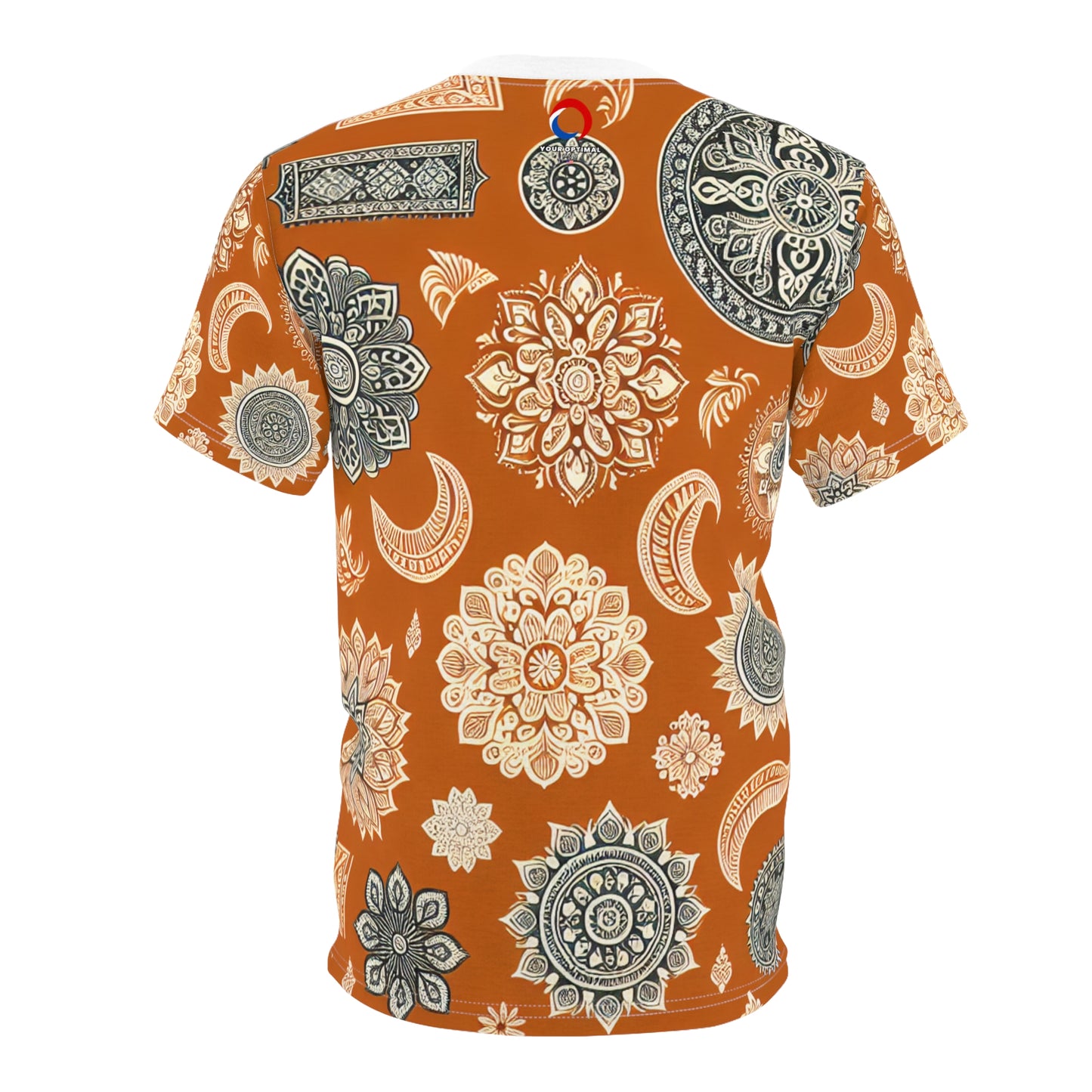 Orange Indian Motif T-Shirt – White Floral & Geometric Pattern, Minimal Ethnic Wallpaper Tee, Traditional India Design Apparel