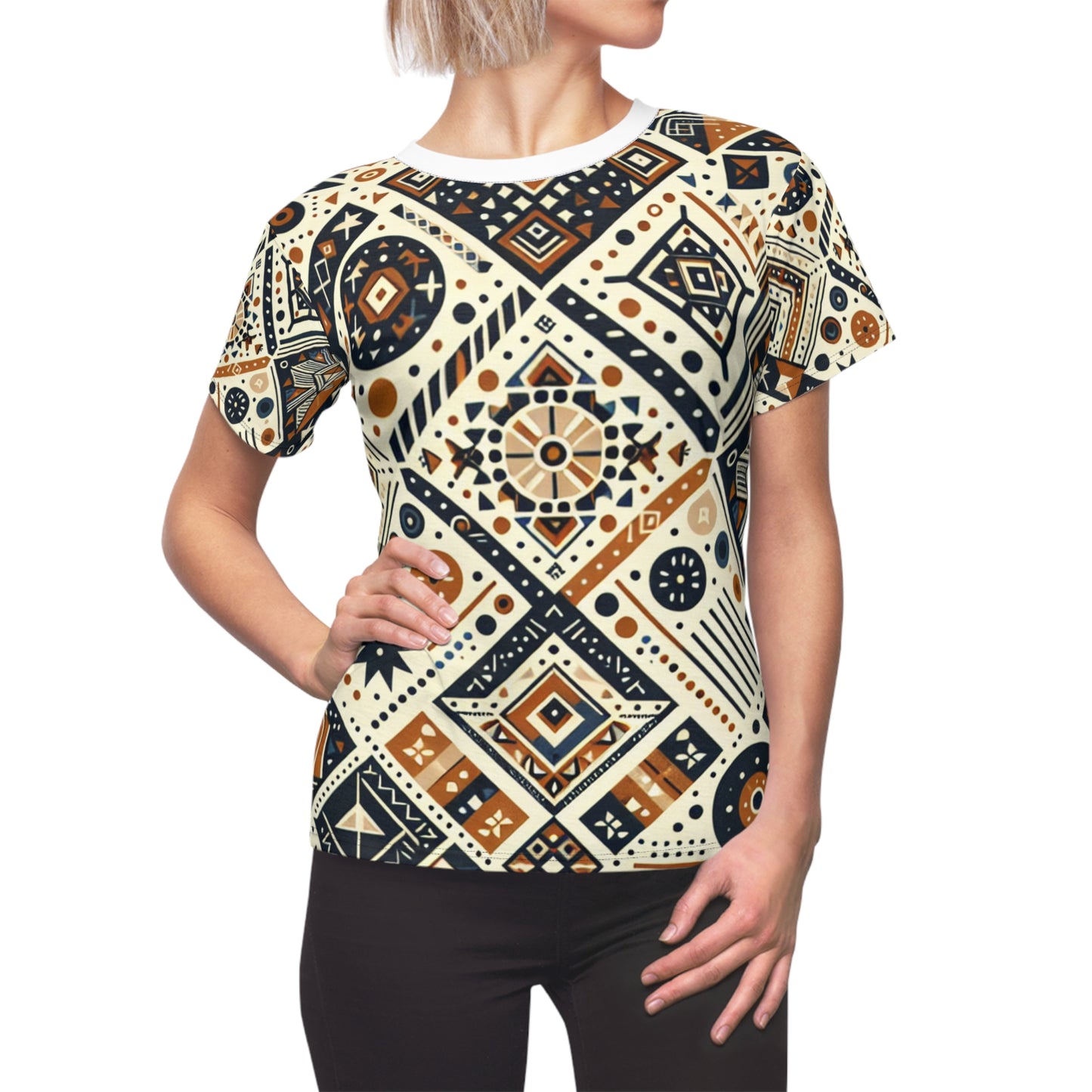 Berber Tattoo Inspired Women's Tee - Storytelling Geometric Artistry in Earthy & Organic Colors - African Tribal Pattern-Inspired