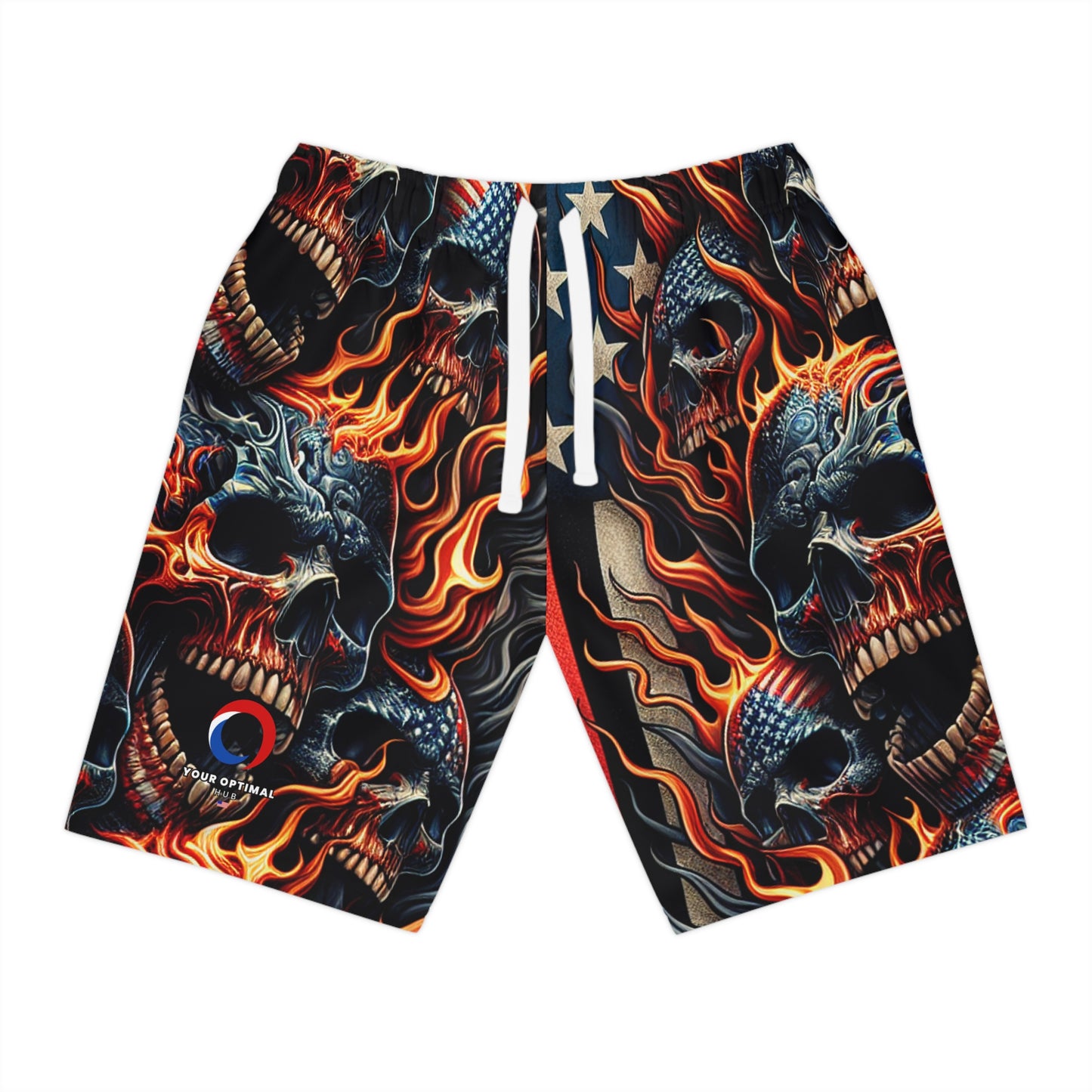 Inferno Patriot: Fiery Skulls & Stars-Stripes Tattoo Shorts - Patriotic Streetwear Shorts