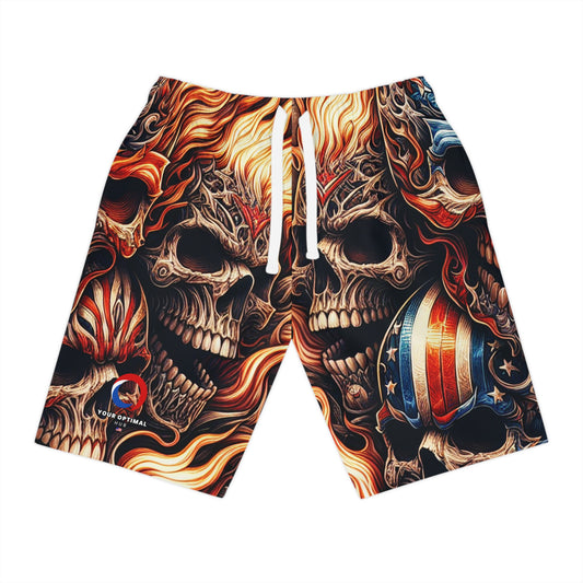 Blazing Patriot Inferno: Skull-Fire Tattoo Hybrid Shorts - Patriotic Streetwear Shorts