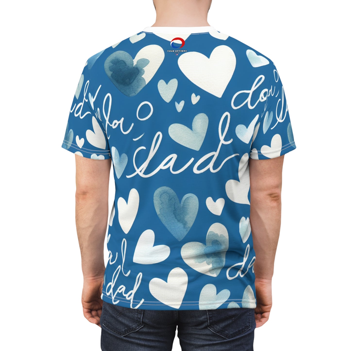 Father's Day Casual Love Theme T-Shirt - Watercolor Heart Pattern & Handwritten Kid's Scribble - Bold Blue Color - Gift for Him