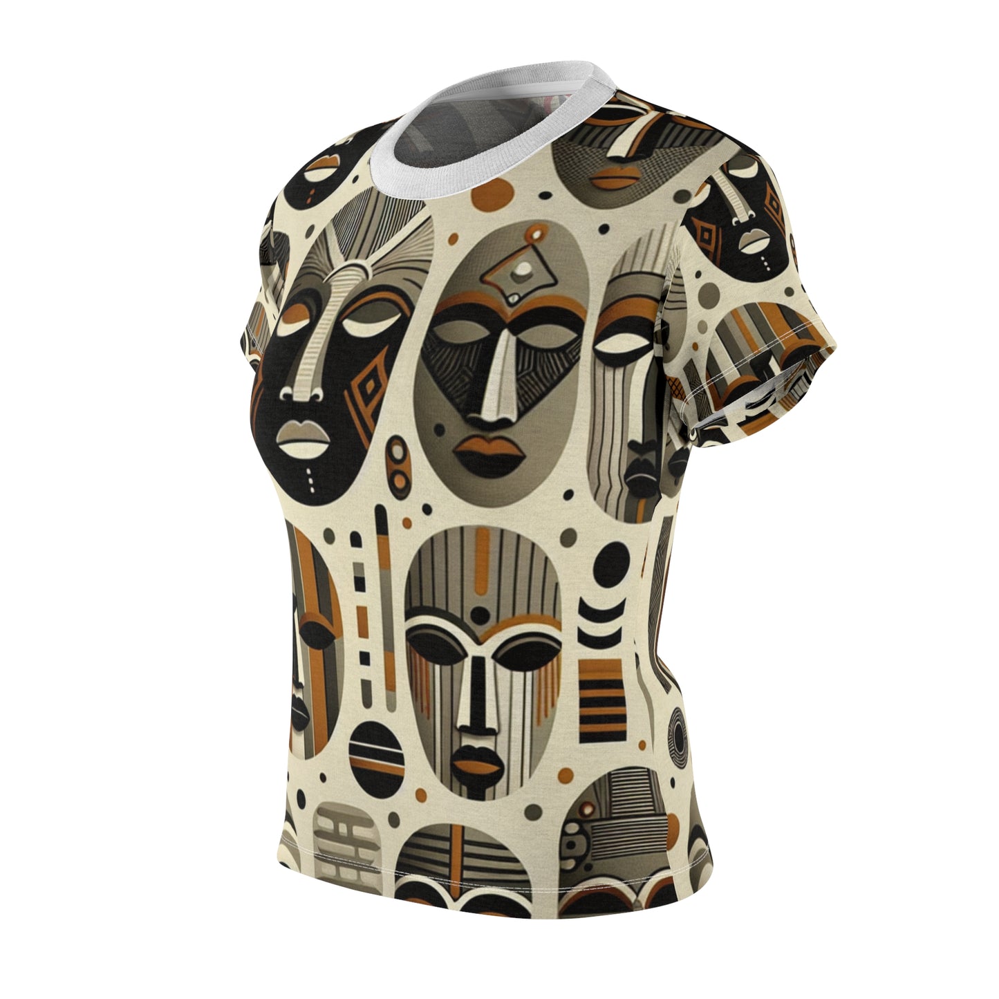 African Heritage Artistry: Women's Tee with Rich, Monochromatic Masks Tapestry, Modern Meets Tradition - African Tribal Pattern-Inspired