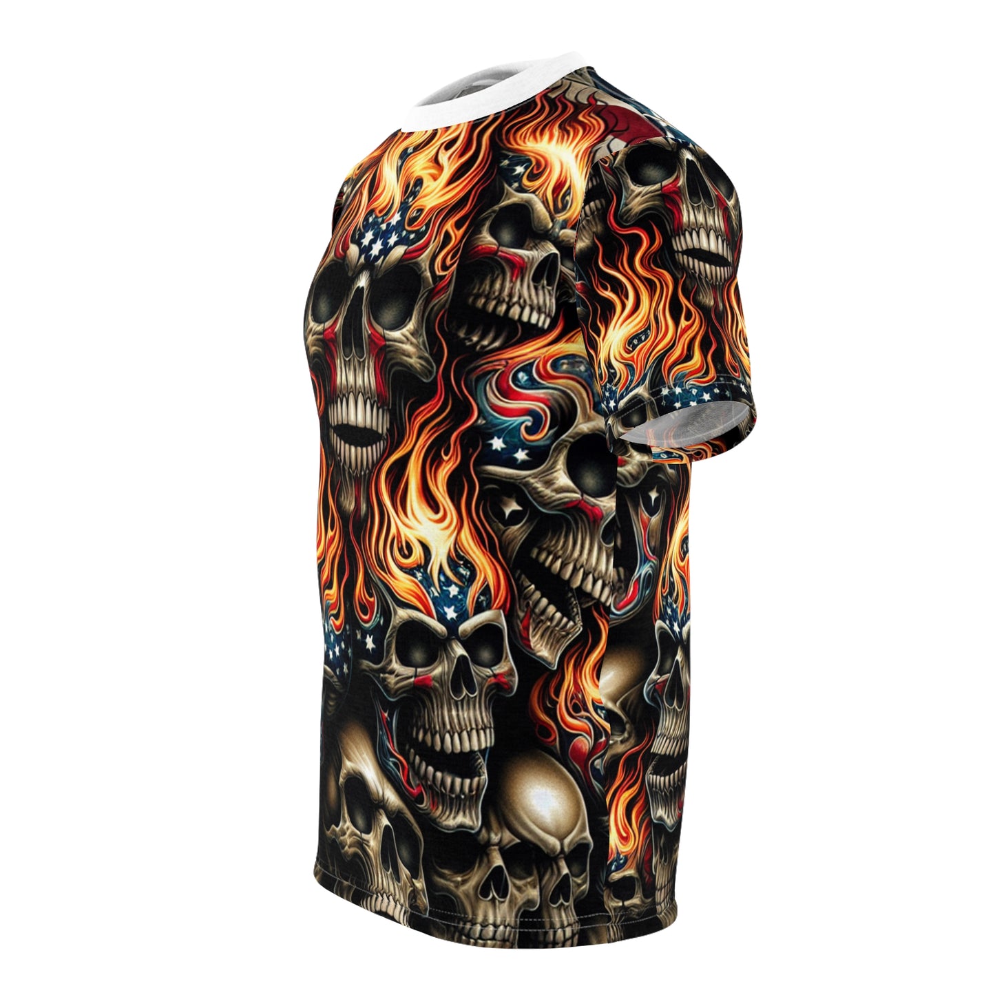 Flaming Patriot: Fiery Skulls and Stripes Extraordinaire T-Shirt - Patriotic Apparel