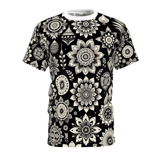 Indian Heritage Motif Collection: Intricate Floral & Geometric Designs on a Monochrome Black & White Seamless Pattern T-Shirt