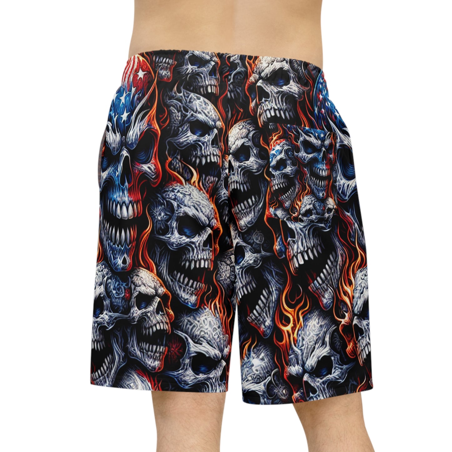 Patriotic Inferno: Skull Blaze Tattoo-Style Shorts - Patriotic Streetwear Shorts