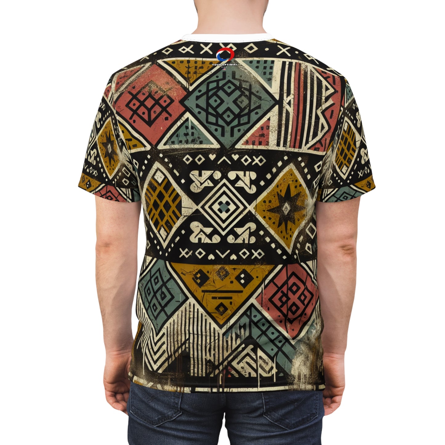 Urban Graffiti Meets African Artistry: Geometric Distressed Black Diamond Grid T-shirt - African Tribal Pattern-Inspired Tee