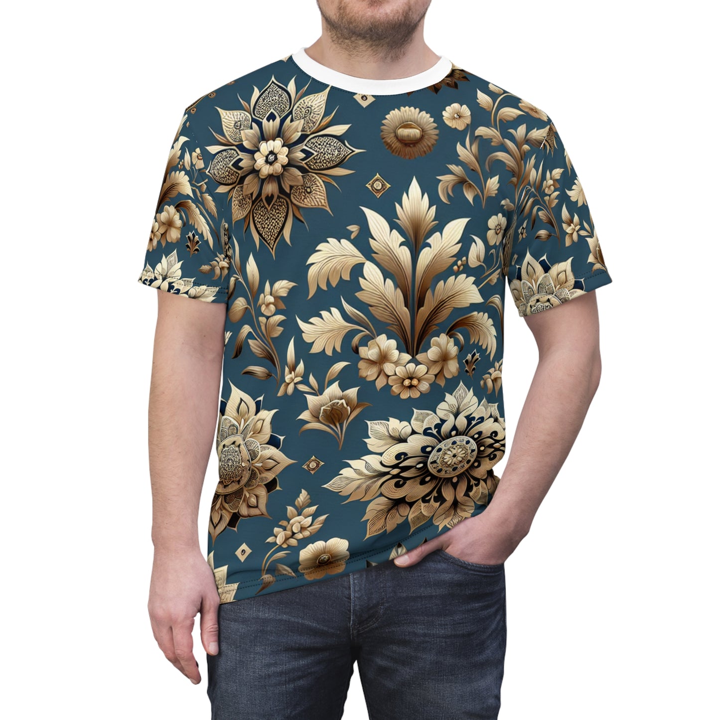 Floral & Geometric Indian Motif Collection: Luxurious Gold on Royal Blue T-Shirt with Seamless Pattern Design - Traditional Indian Motifs Tee