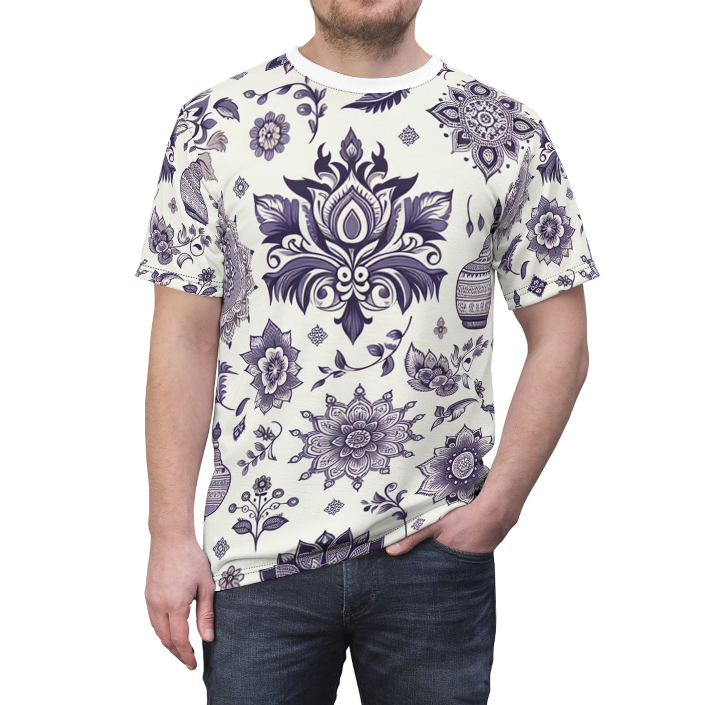 Purple and White Traditional Indian Motif Patterned Seamless T-shirt - Intricate Floral and Geometric Modern Design - Indian Streetwear