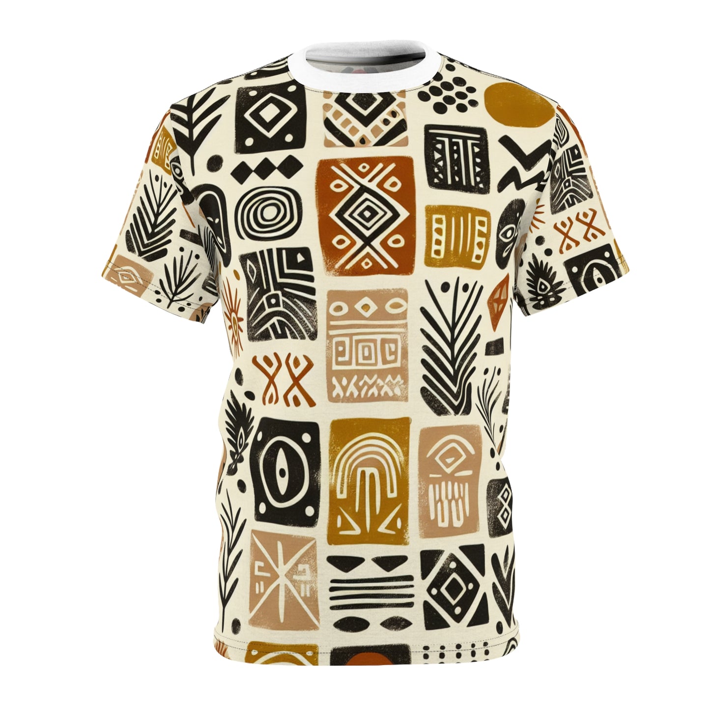 Hand-Stamped African Mud Cloth Inspired Tee, Organic Tribal Motif, Earthy-Tone Palette - African Tribal Pattern-Inspired