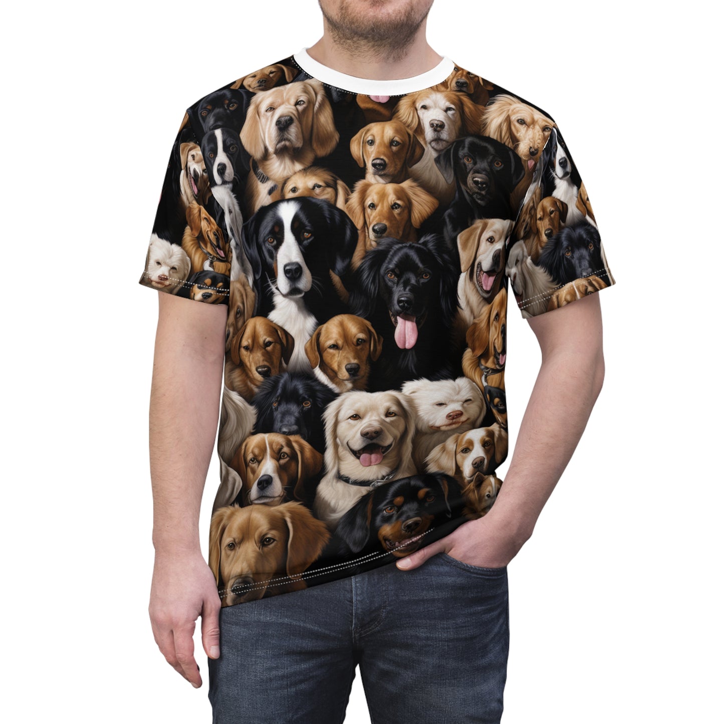 Canine Kaleidoscope: Ultra-Photorealistic Multi-Breed Dog Patterned T-Shirt - Dog Breed Fashion Tee