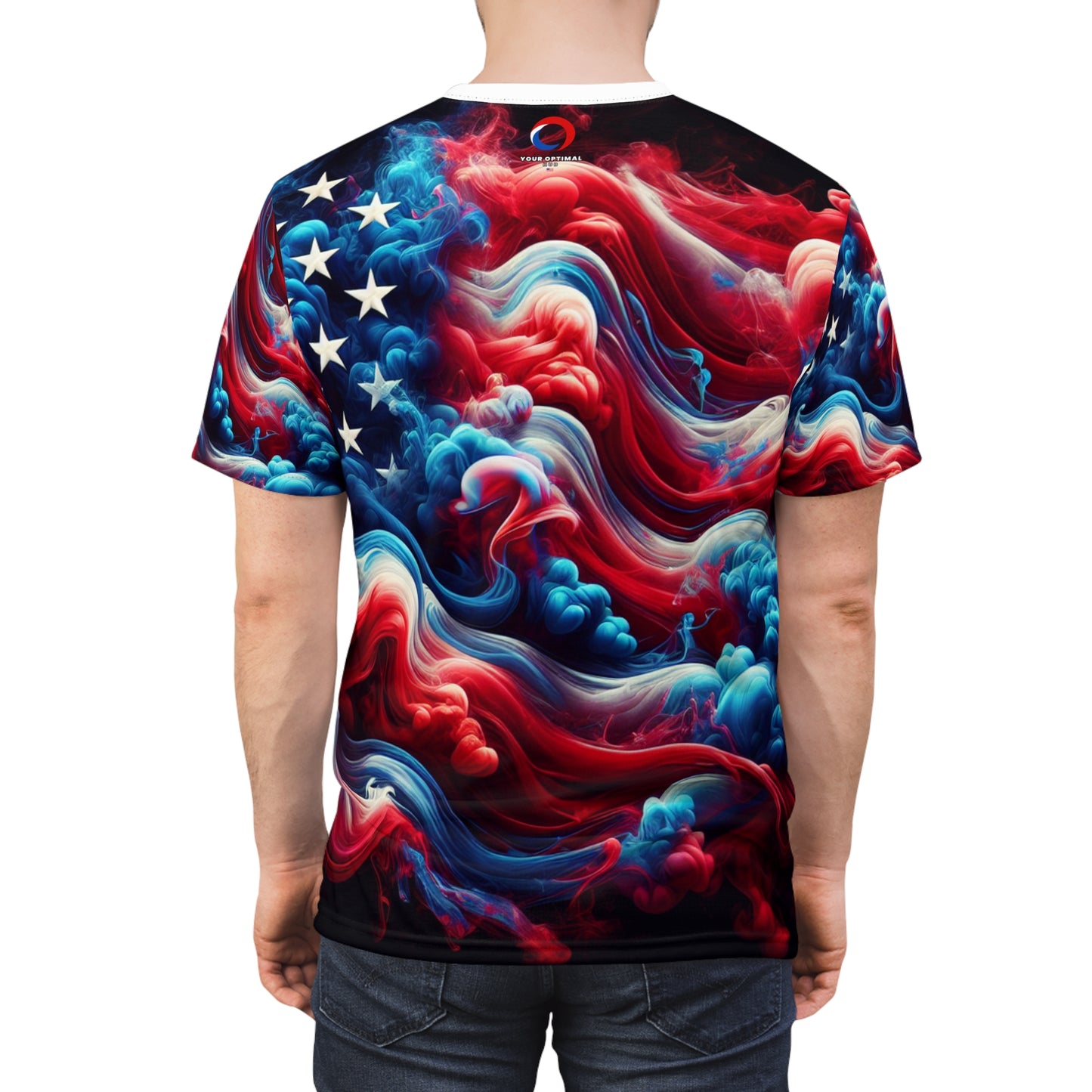 American Glory: Artistic Ethereal Smoke-Effect USA Flag T-Shirt, Red-Blue Color Transition - Patriotic Streetwear Tee