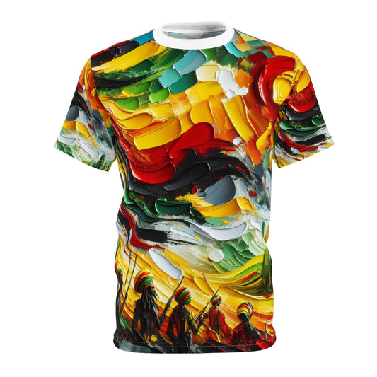 Vibrant Rastafari Abstract Art T-shirt - Unity, Freedom & Sun, Impasto Splatter - Rastafarian Abstract Art-Inspired Tee