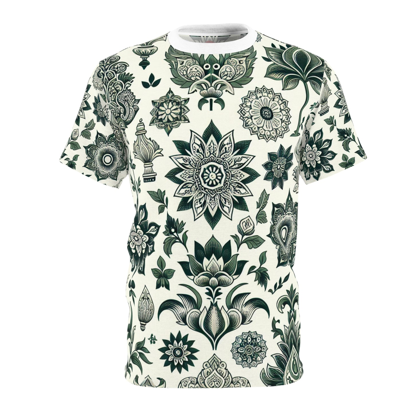 Traditionally Inspired Indian Motif Seamless Patterned T-shirt in White & Green - Intricately Designed Geometric & Floral Arrangement Tee