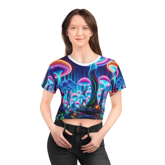 Enchanted Neon Forest Crop Tee: Women's Surreal Magic Wilderness 3D Photorealistic Top - Women's Trippy Tee