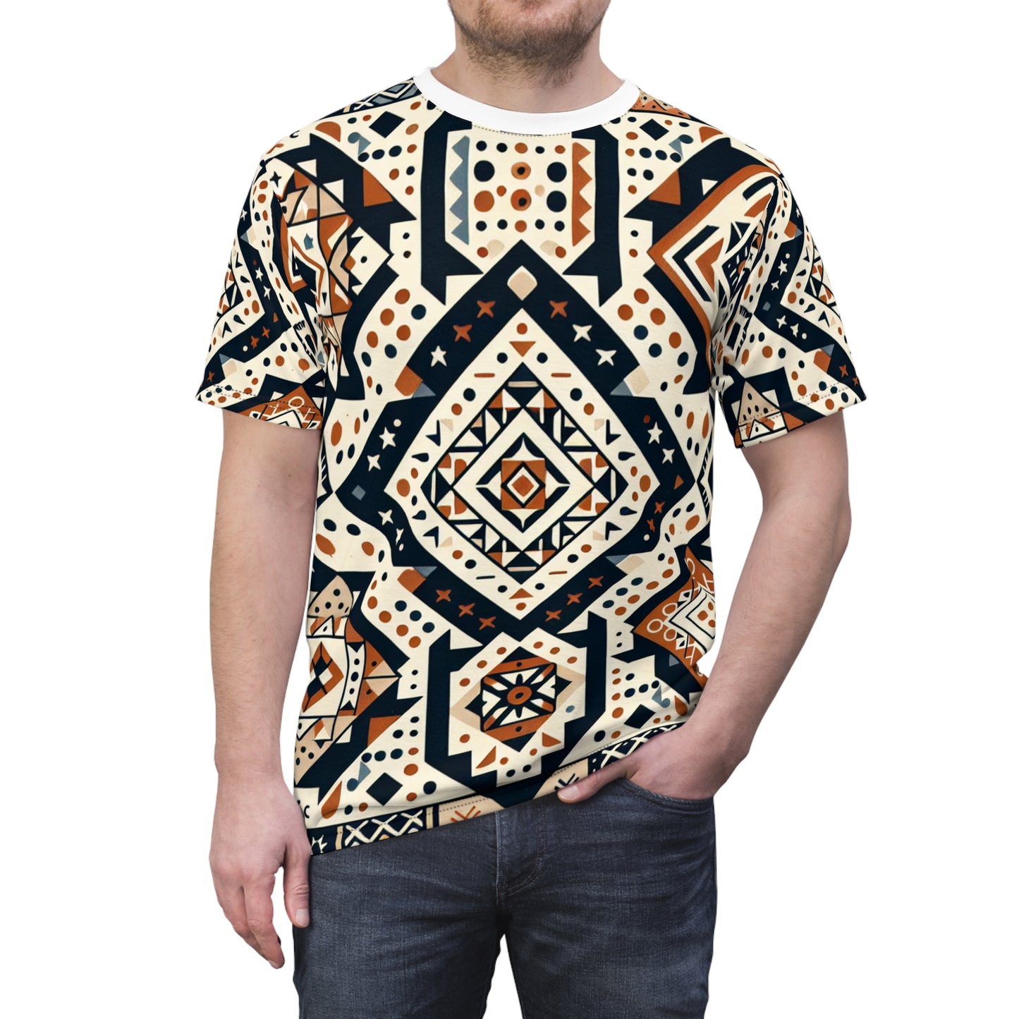 Berber Tattoo Art T-Shirt - Geometric Storytelling Design, Earthy Tones, Eclectic Shapes - African Tribal Pattern-Inspired Tee