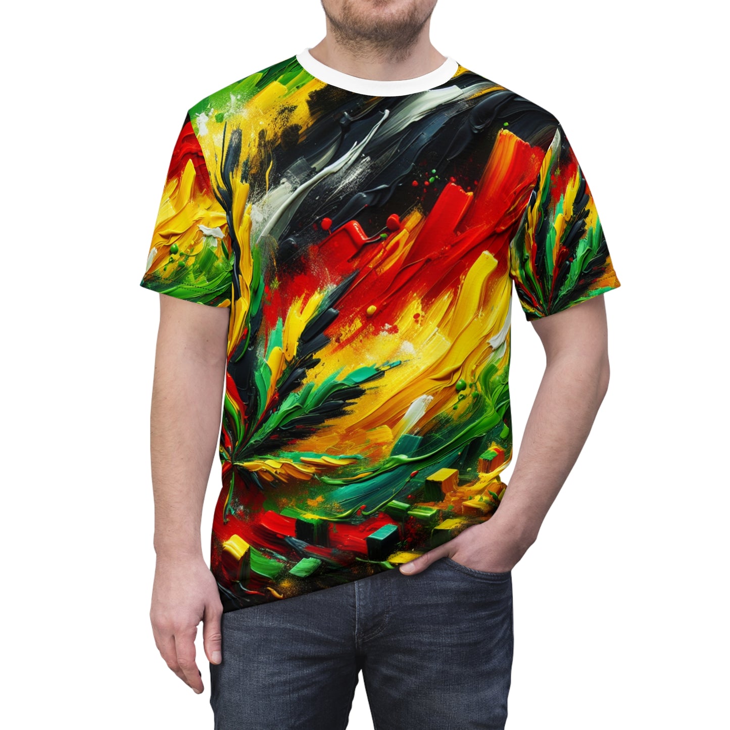 Rasta Essence Abstract Art Tee: Bold Impasto Paintwork, Unity & Freedom Theme - Rastafarian Abstract Pattern-Inspired Tee