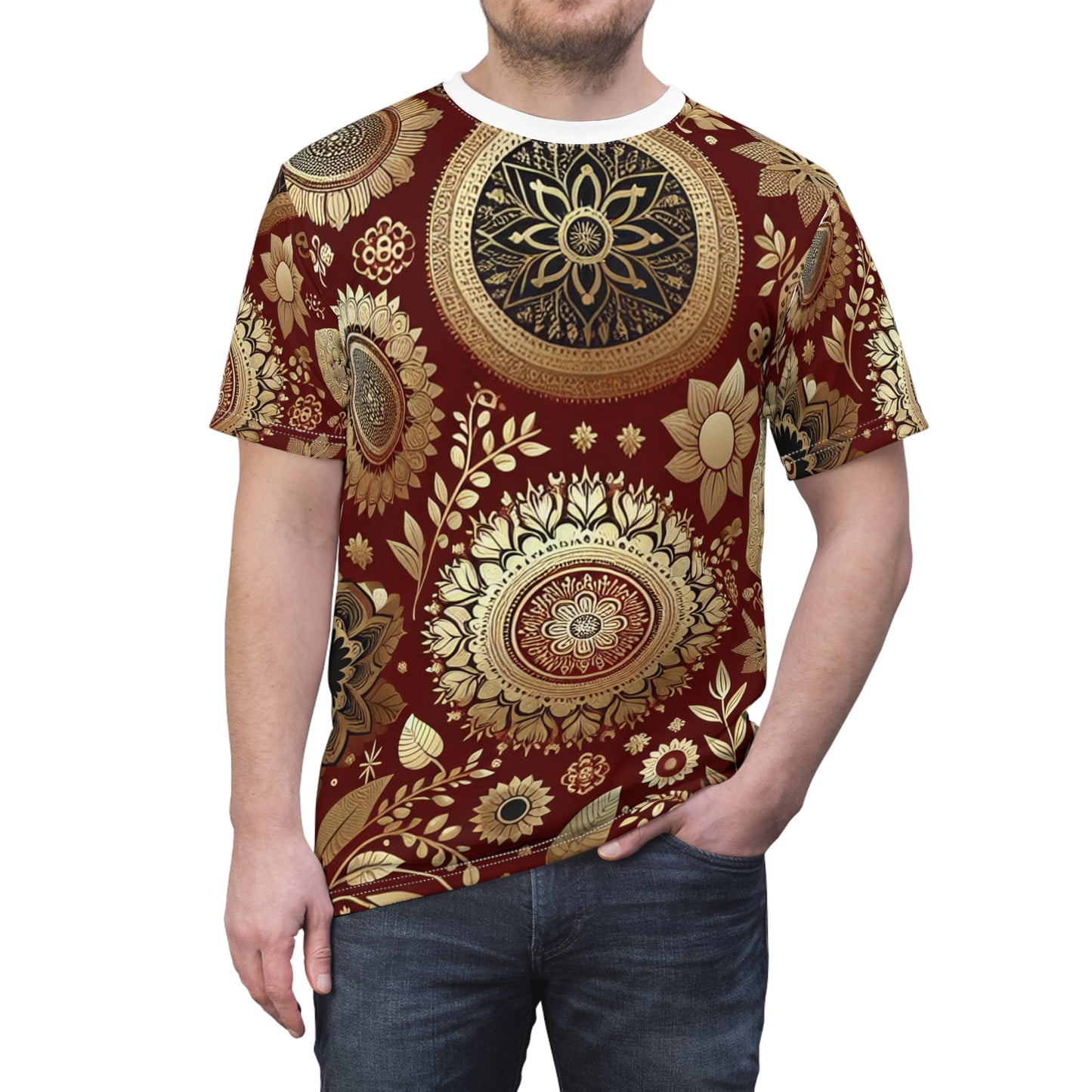 Traditional Indian Motif Artistry: Intricate Floral & Geometric Gold-on-Red Seamless Pattern T-Shirt - Indian Streetwear Apparel