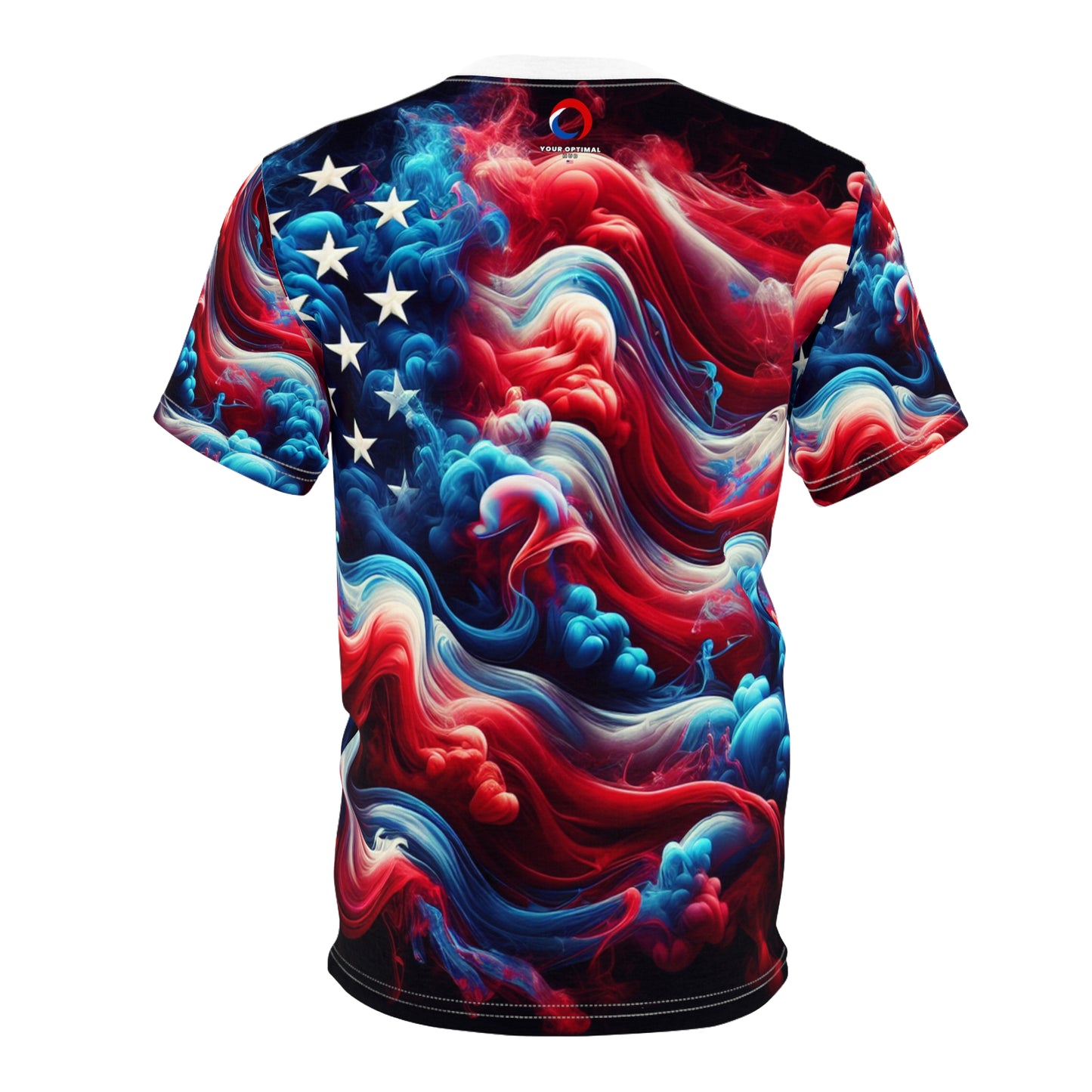 American Glory: Artistic Ethereal Smoke-Effect USA Flag T-Shirt, Red-Blue Color Transition - Patriotic Streetwear Tee