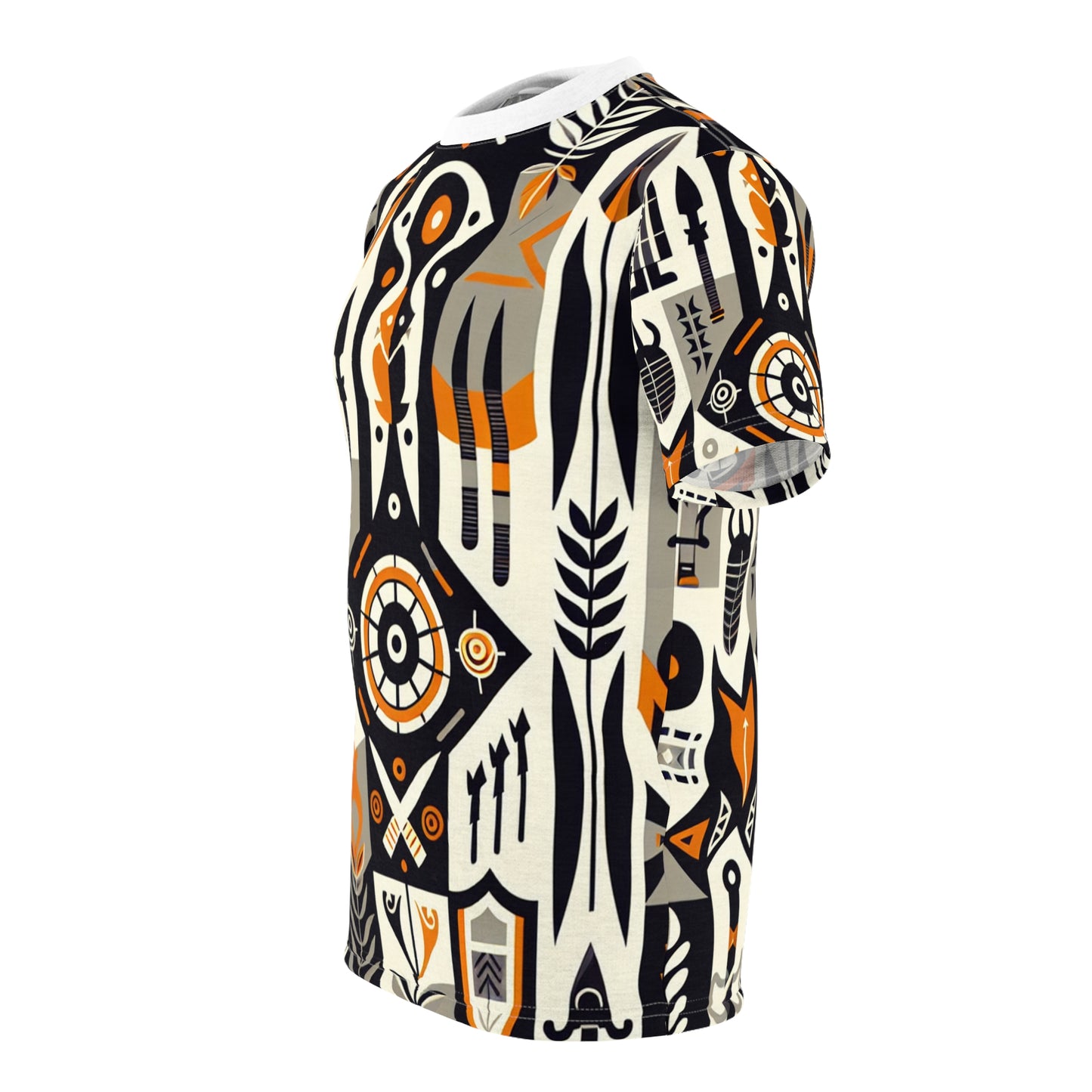 African Fusion Graphic Tee: Monochrome, Orange Highlights, Spearhead & Shield Design - African Tribal Pattern-Inspired