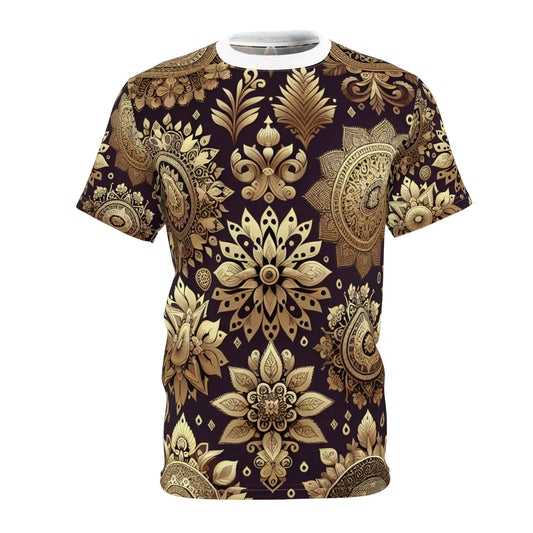 Traditional Indian Motifs Seamless Pattern T-Shirt - Gold & Purple - Intricate Floral Geometric Designs - Reflective Elements on Modern Minimalist Apparel