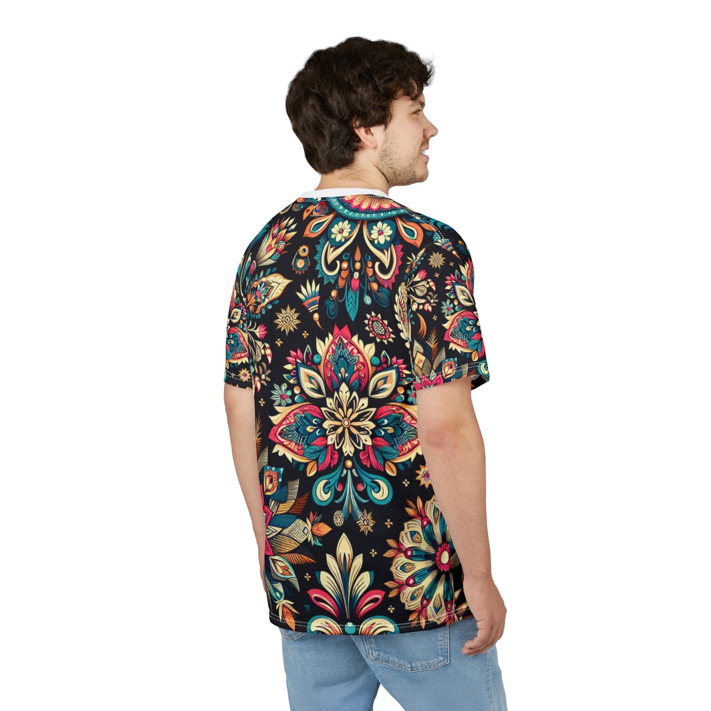 UV Reactive Boho-Chic T-Shirt with Intricate Neon Indian Motifs on Black Background - Scattered Geometric Floral Design