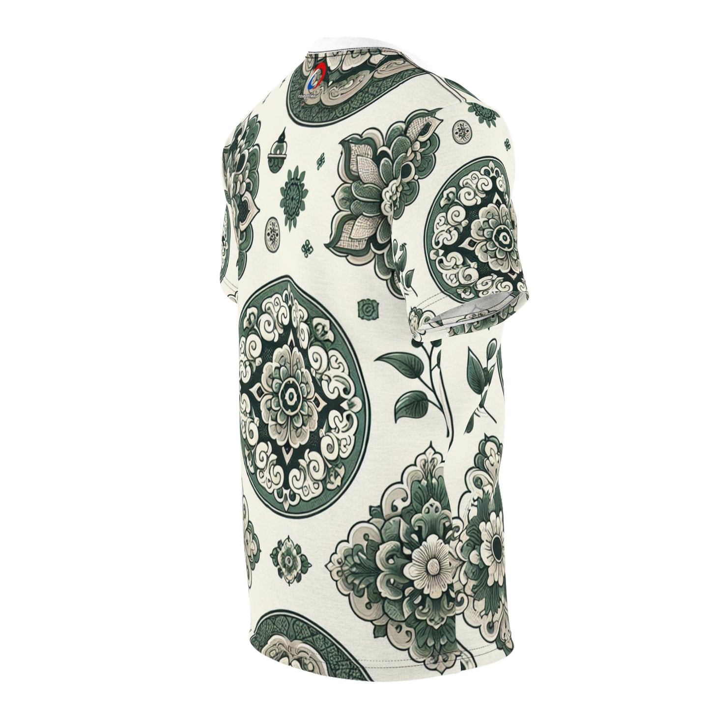 Classic Indian Motif T-Shirt - Intricate Geometric & Floral Design in Green on White - Modern Minimalist Apparel Inspired by Traditional Indian Motifs