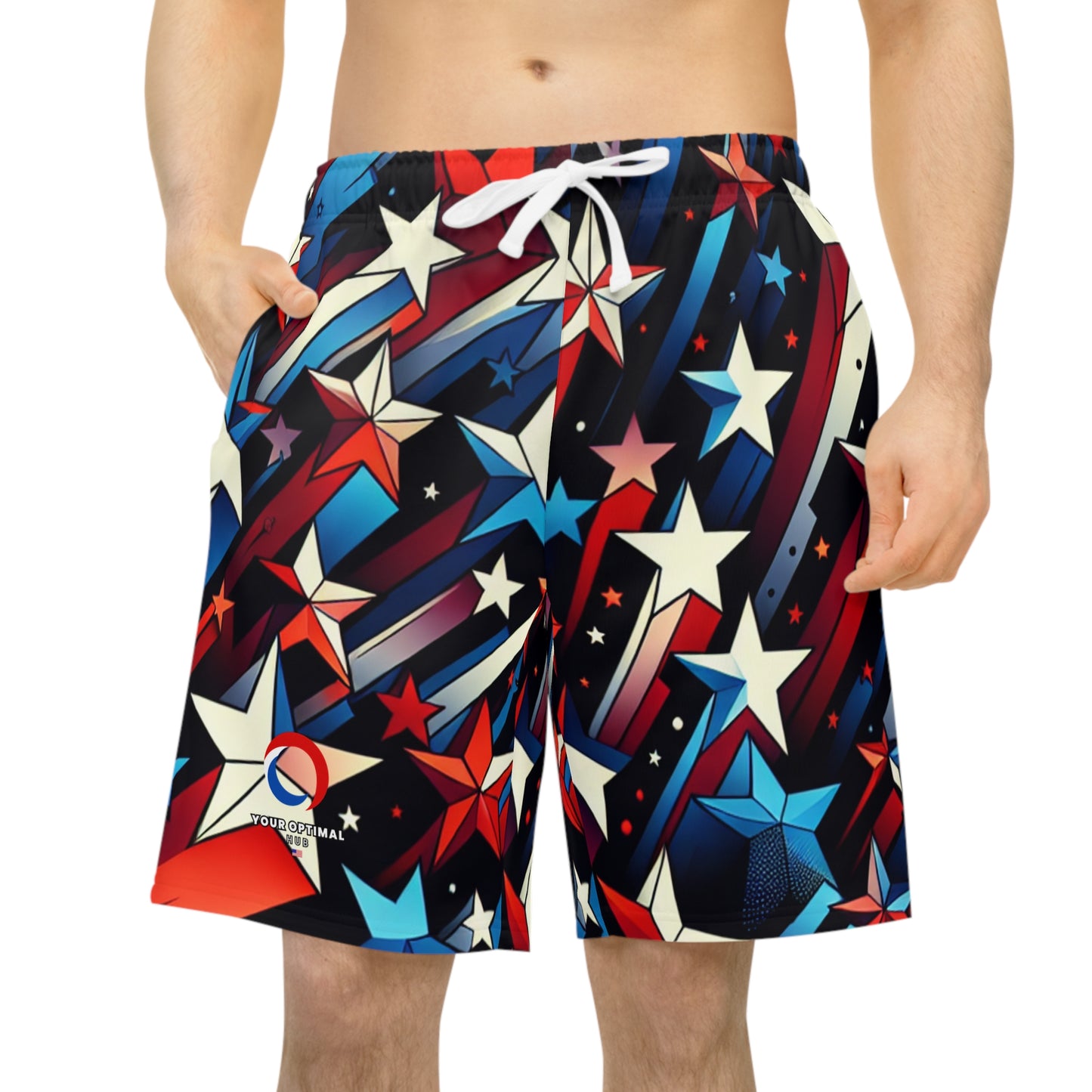 Festive 3D Starburst Shorts – Vibrant Red, White, & Blue – Patriotic Celebration Festival Wear - Patriotic Streetwear Shorts