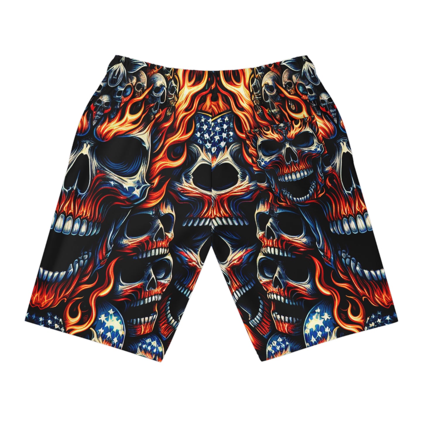 Patriotic Fury: Menacing Skull Inferno and Stars-Stripes Motif Shorts - Patriotic Streetwear Shorts