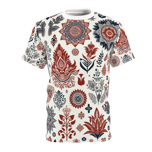 Classic Indian Heritage Motif T-Shirt - Red and White Seamless Design with Intricate Floral and Geometric Patterns - Fashionable Modern Design Inspired Apparel