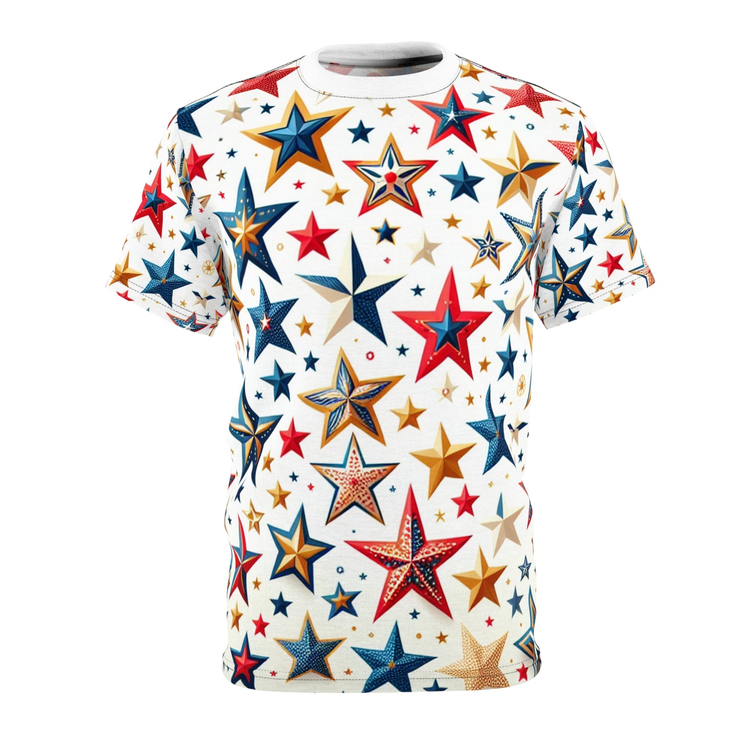 Independence Day Celebration: Festive Multi-Size, Multi-Color Star Pattern on White | Patriotic Party Tee | Patriotic Streetwear