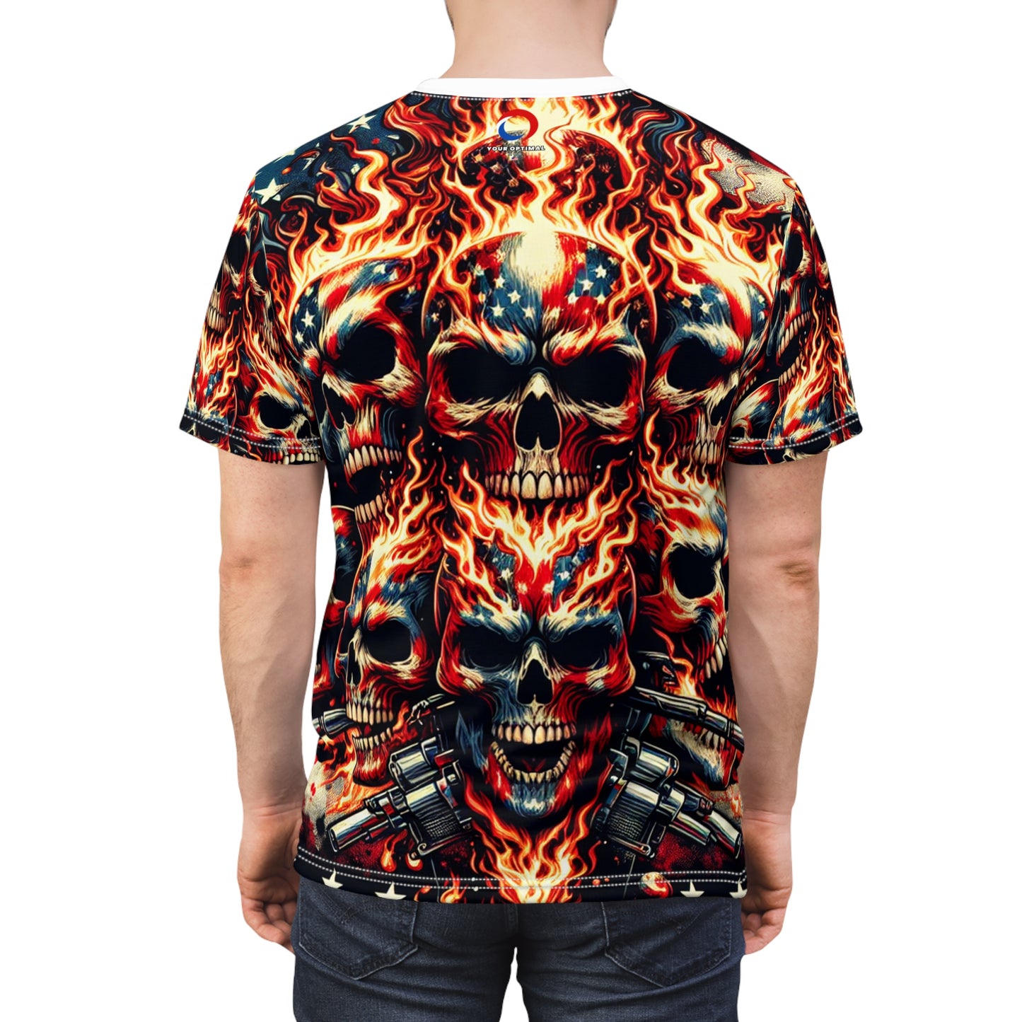 Flaming Skull Spectacle: Patriotic Tattoo Mastery T-Shirt - Patriotic Fashion Tee