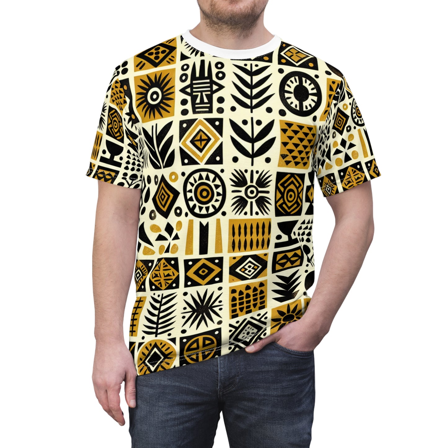 African Mud Cloth-Inspired Tee - Handcrafted African Design, Block-Printed Tribal Motifs - African Tribal Pattern-Inspired