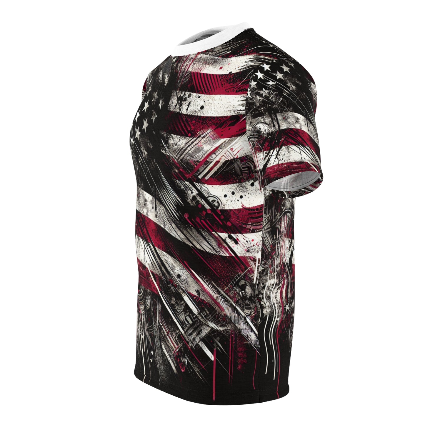 Grunge Patriotic Power: Weathered American Flag Streetwear T-shirt with Edgy Urban Graffiti Elements - Patriotic Streetwear Tee