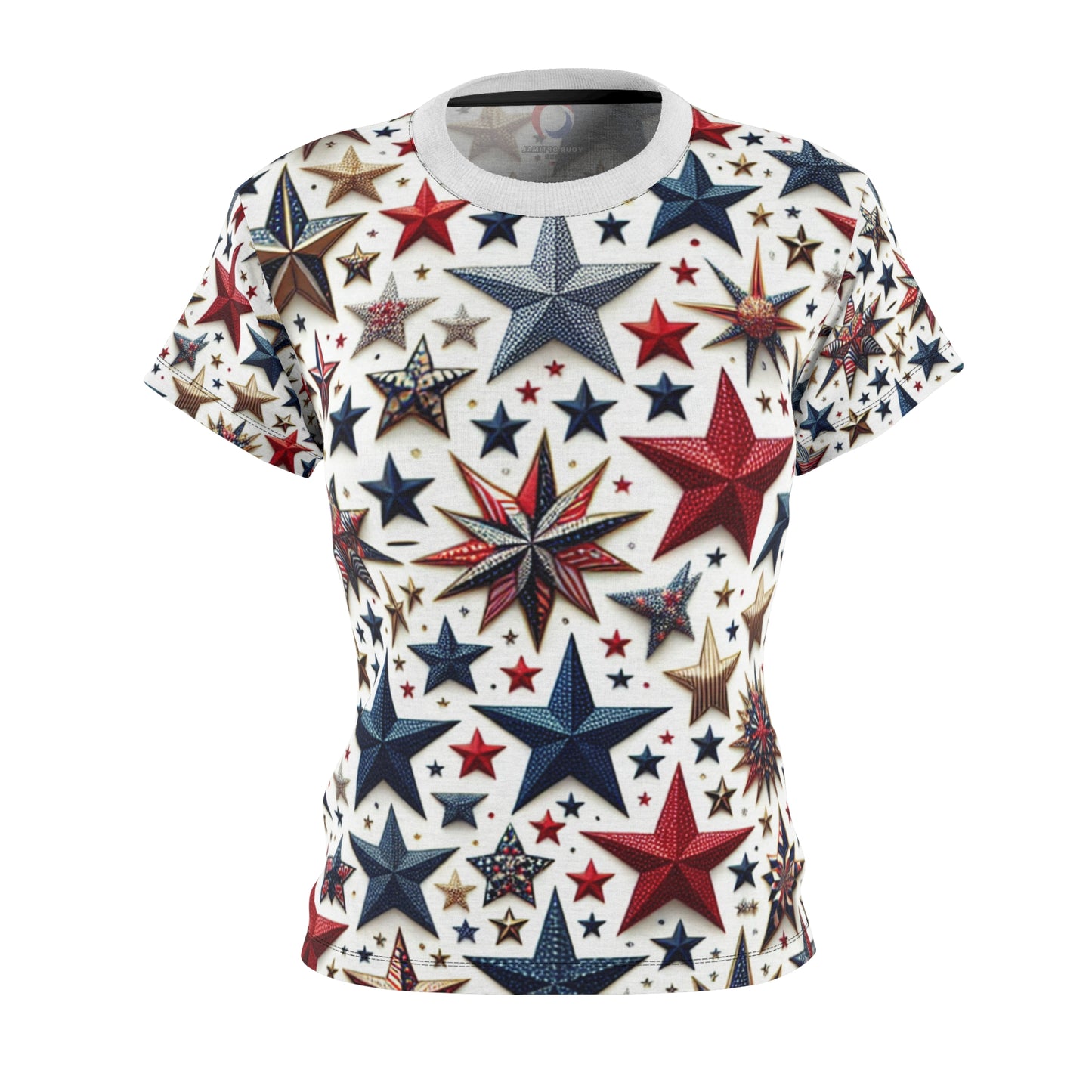 Patriotic Star-Spangled Women's T-Shirt in Red, Blue & Gold for Festive Celebration - Patriotic Streetwear Tee