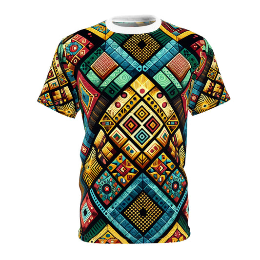 Vibrant African Folklore Geometric Diamond Tribal Pattern T-Shirt, Bold Primary Colors - African Tribal Pattern-Inspired Tee