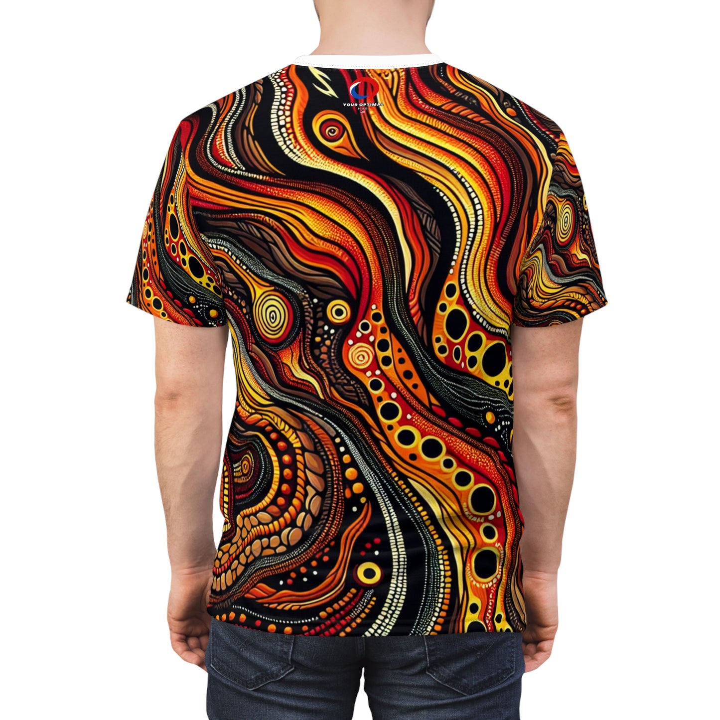 Fiery Aboriginal Landscape T-shirt: Volcano-inspired Art, Lava & Earthy Tones Shirt - African Tribal Pattern-Inspired Tee