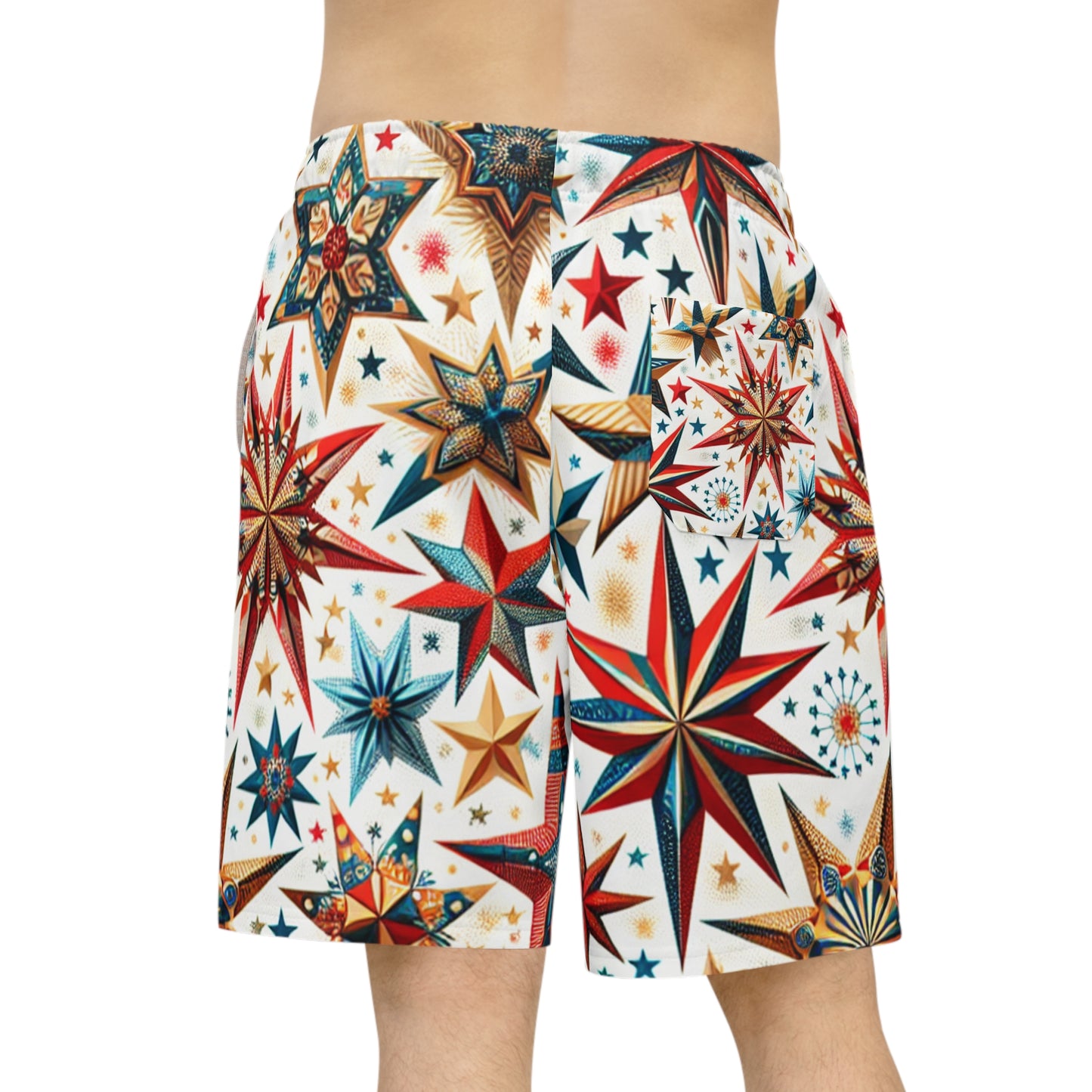 Festive Patriotic Star-Scattered Shorts - Red, Blue, Gold Stars on White - Perfect for 4th of July Celebrations - Patriotic Streetwear Shorts