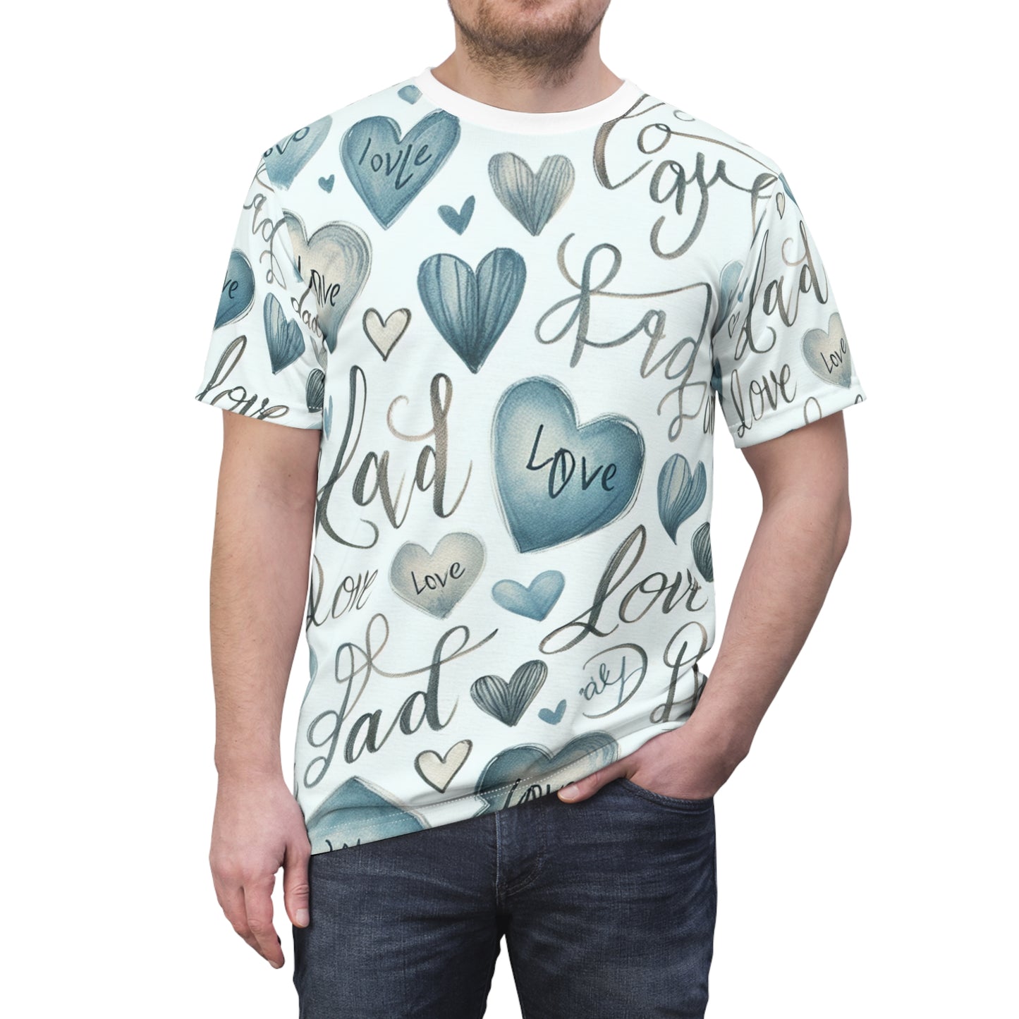 Loving Dad Soft Blue Hearts Tee - Childlike Script, White Background - Father's Day Special - Gift for Him