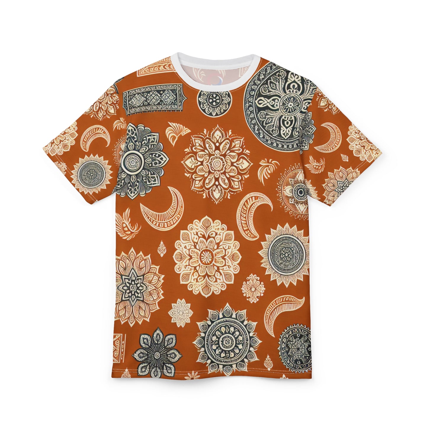 Orange Indian Motif T-Shirt – White Floral & Geometric Pattern, Minimal Ethnic Wallpaper Tee, Traditional India Design Apparel