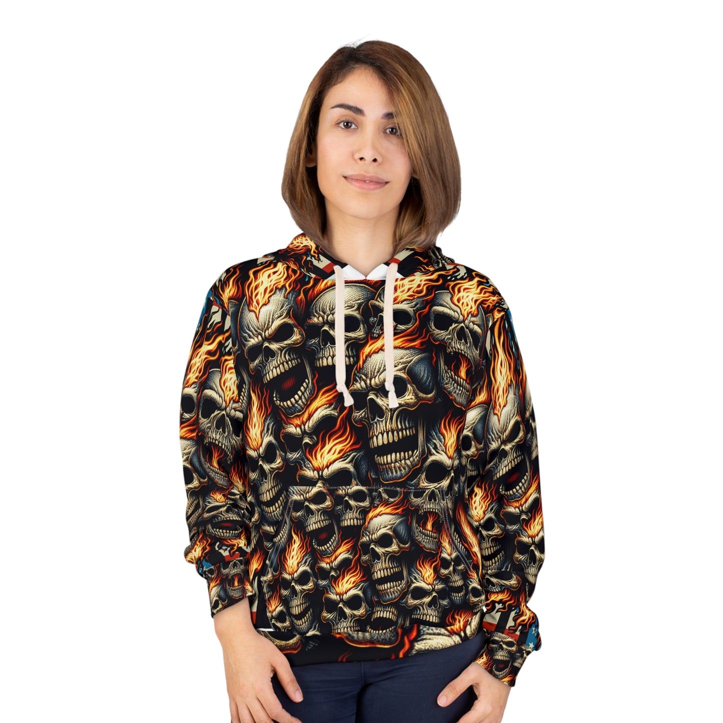 Inferno Patriot: Skull Blaze Tattoo Artistry Hoodie - Patriotic Streetwear Hoodie