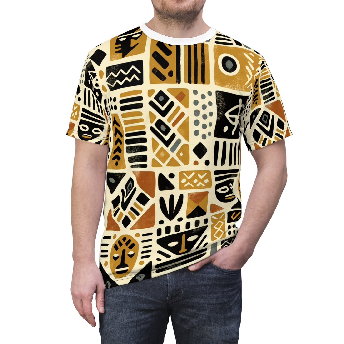 African Mud Cloth-Inspired T-Shirt, Block-Printed Abstract & Tribal Motifs - African Tribal Pattern-Inspired Apparel