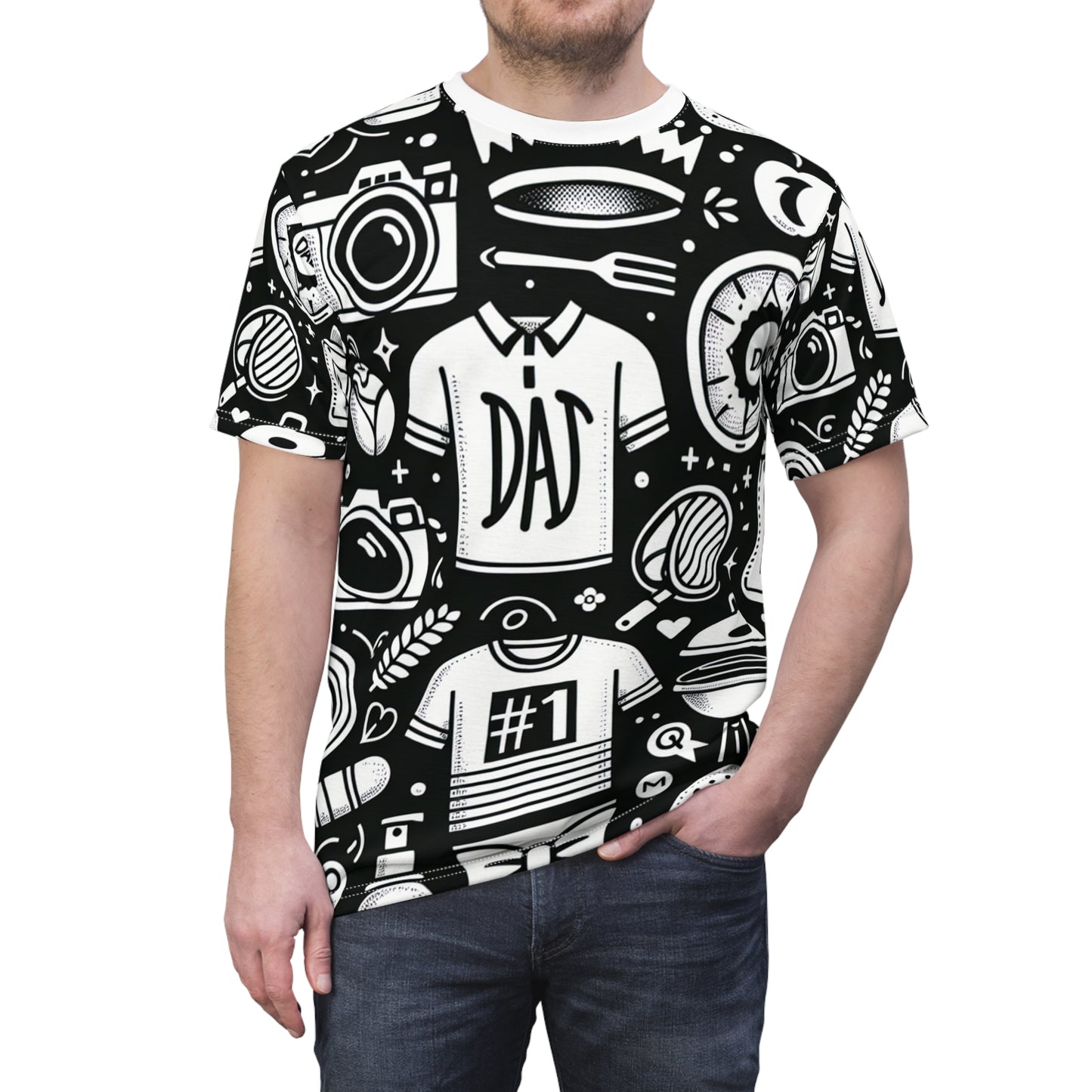 Dad Life Playful Monochrome Patterned T-shirt - King Dad, Moment-Capturer, Grill-master, Style Guru, #1 Father - Father's Day Tee